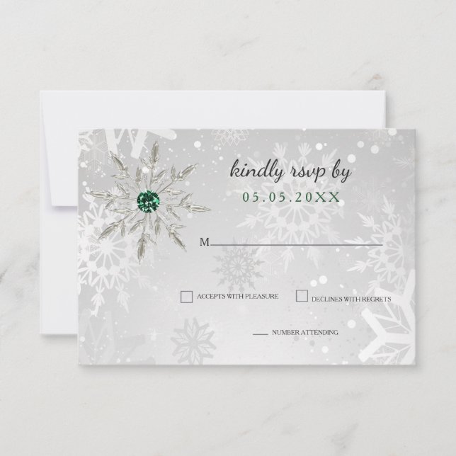 Silber Smarald Green Schneeflocken Winterhochzeit RSVP Karte (Vorderseite)