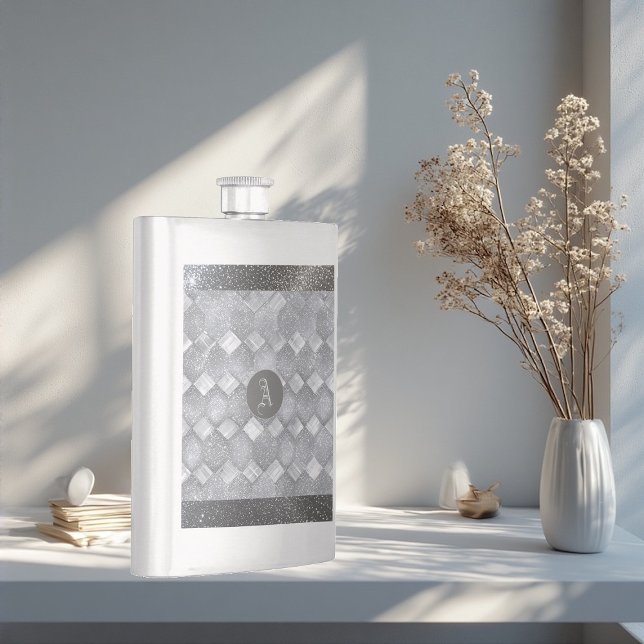Silber-Sparkling-Luxus-Topographie-Metall-Monogram Flachmann (Silver Sparkle Luxury Topography Metallic Monogram Flask)