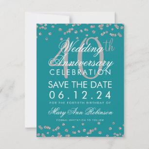 Silber-Teal 40. Hochzeitsjubiläum Konfetti Save The Date
