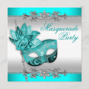Silber Türkis Blau Maskenball Party Einladung