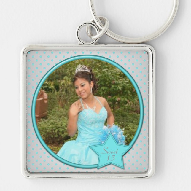Silber-und Aqua-Polka-Punkt Quinceanera Schlüsselanhänger (Vorne)