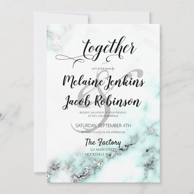 Silber und Aquamariner Marmor Elegantes Hochzeitse Einladung (Vorderseite)