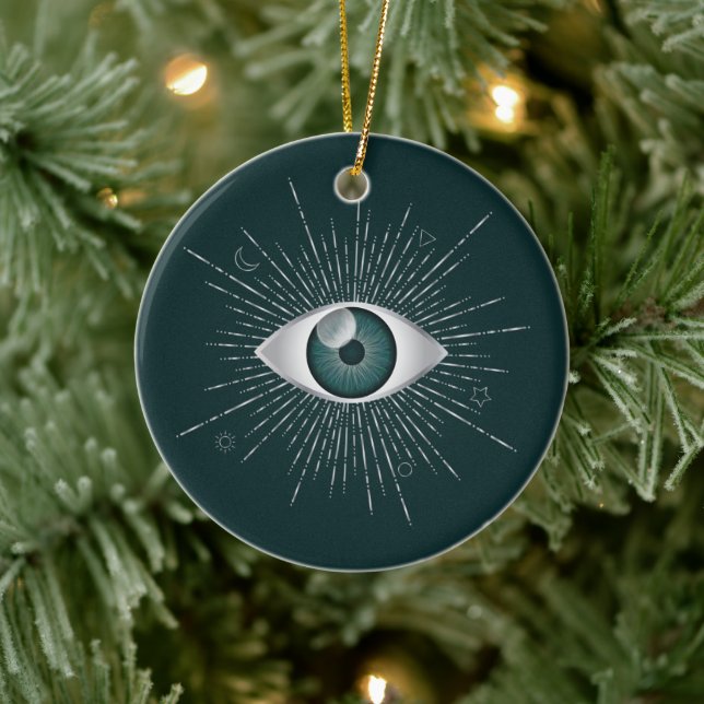 Silber und Aquamarines grünes Mystisches Böse Auge Keramik Ornament (Baum)