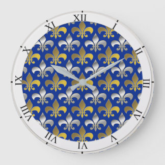 Silber und Gold Fleurs-De-lis auf blauem Große Wanduhr