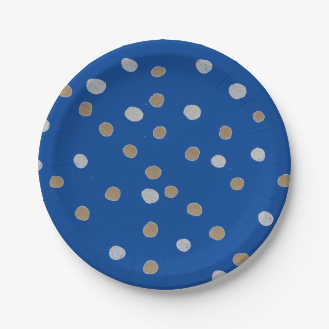 Silber und Gold Polka Punkte auf blau Pappteller (Vorderseite)