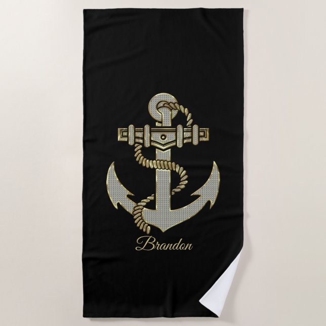 Silber und Goldton nautischer Bootsanker Fleece b Strandtuch (Vorderseite)