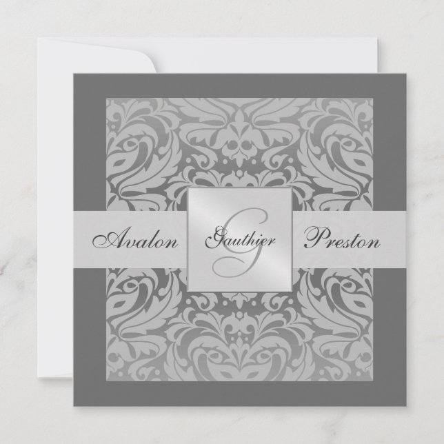 Silber- und Gray-Monogramm-Damask-Einladung Einladung (Vorderseite)