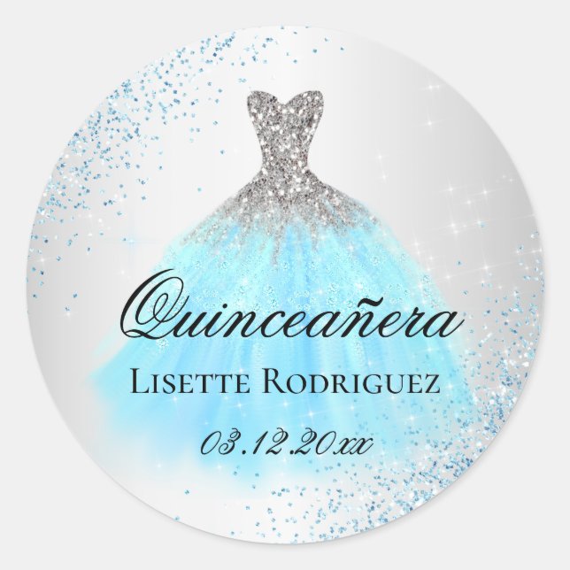 Silber und hellblaue Quinceanera Runder Aufkleber (Vorderseite)