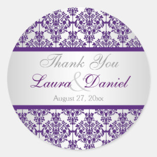 Silber und Lila Damask 1.5" Danke, Sticker