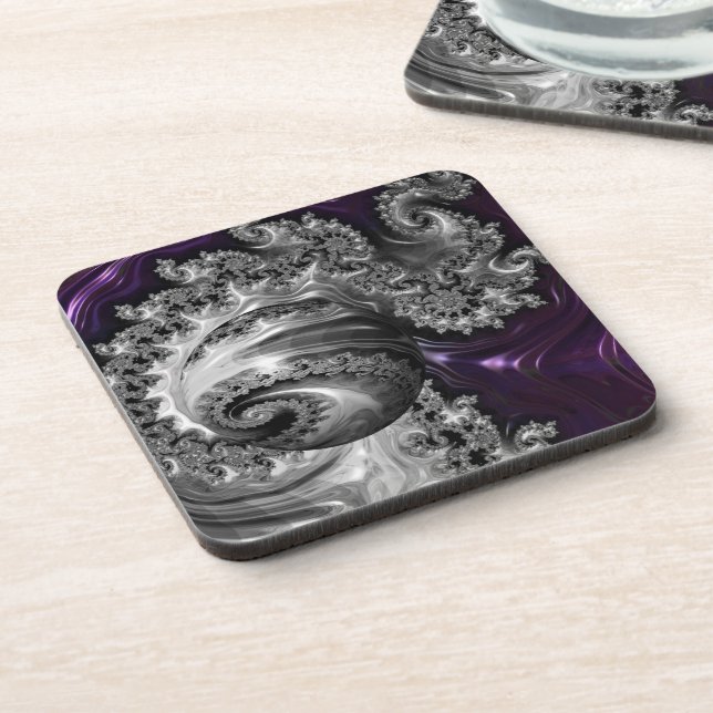 Silber und Lila Fraktal Vortex Getränkeuntersetzer (Linke Seite)