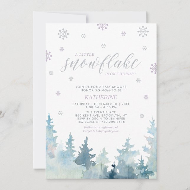 Silber und Lila | Snowflake Winter Baby Dusche Einladung (Vorderseite)