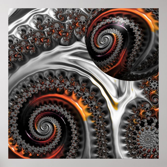 Silber und Orange Mandelbrot mit Sphere Poster (Vorne)
