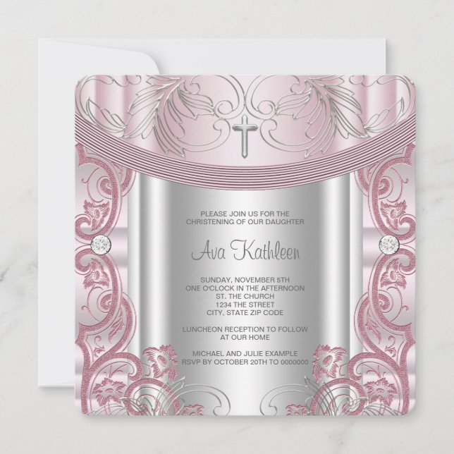 Silber und Pink Baby Christening Einladung (Vorderseite)