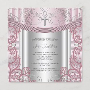 Silber und Pink Baby Christening Einladung