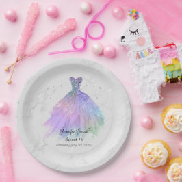 Silber- und Regenbogenkleid Glitzer 16 . Geburtsta Pappteller