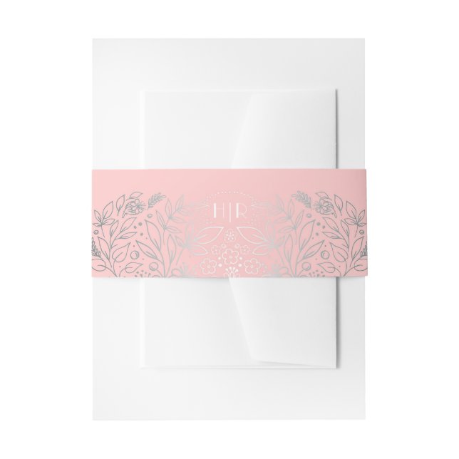 Silber und Rosa Blumengarten Bouquet Monogramm Einladungsbanderole (Vorderseite Beispiel)