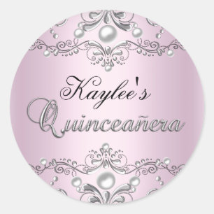 Silber- und Rosa-Damask-Perlen-Quinceanera-Aufkleb Runder Aufkleber