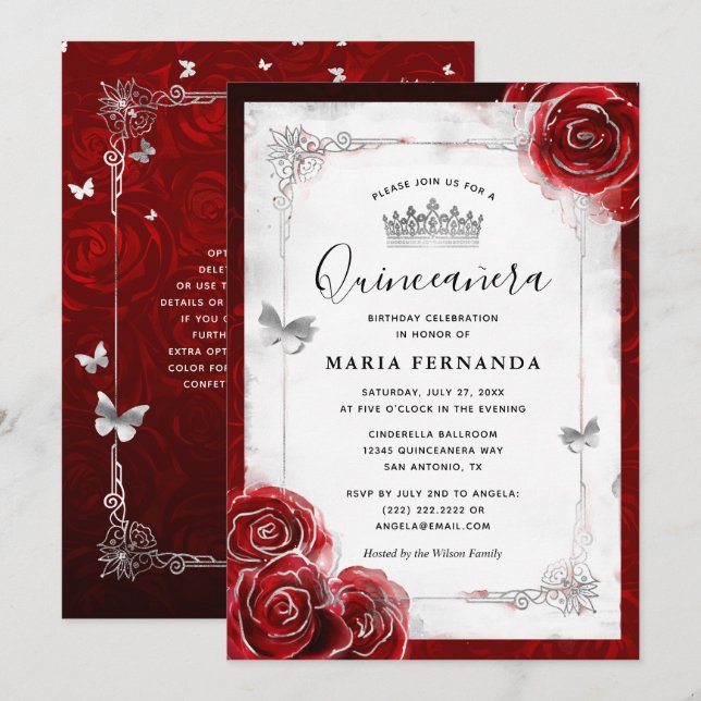 Silber und Rote Rose Elegant Quinceanera Einladung (Vorne/Hinten)