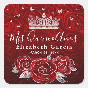 Silber und rote Rose Elegantes Template Quadratisc Quadratischer Aufkleber
