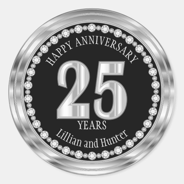 Silber und Schwarz - 25 Jahre mit Diamanten Runder Aufkleber (Vorderseite)