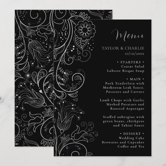 Silber und Schwarz Elegante Blumenhochzeit Menükarte (Vorne/Hinten)