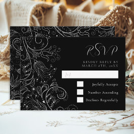Silber und Schwarz Elegante Blumenhochzeit RSVP Karte