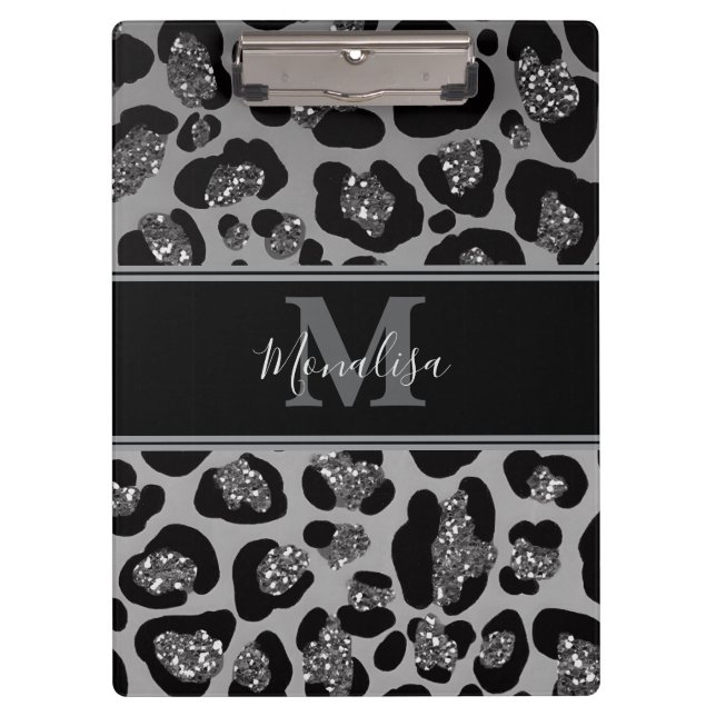 silber und schwarz glittery monogrampersonalisiert klemmbrett (Vorderseite)