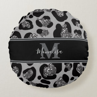 silber und schwarz glittery monogrampersonalisiert rundes kissen