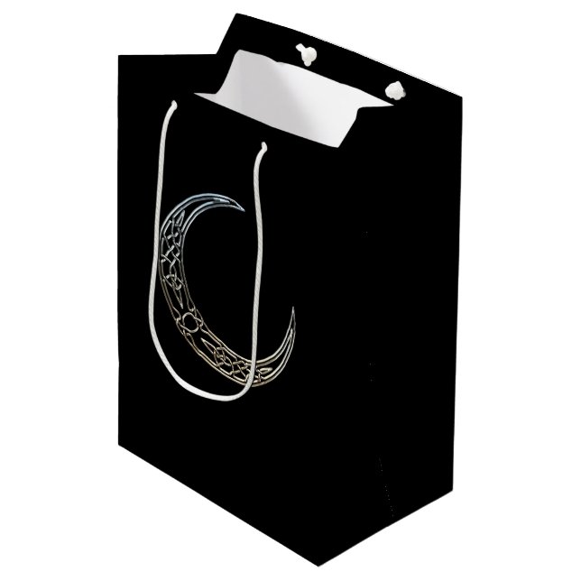 Silber und Schwarz-keltischer sichelförmiger Mond Mittlere Geschenktüte (Vorderseite Schrägansicht)