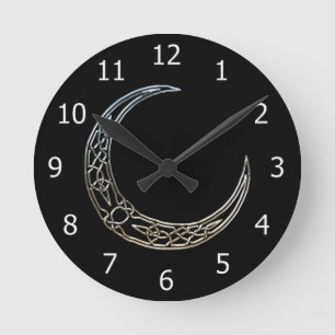 Silber und Schwarz-keltischer sichelförmiger Mond Runde Wanduhr
