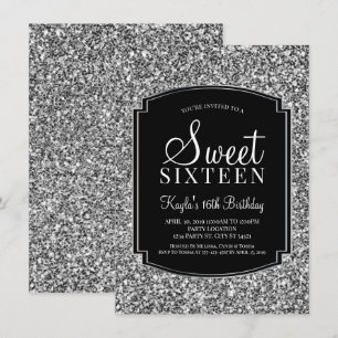 Silber und Schwarzer Glitzer Sweet 16 Einladungen
