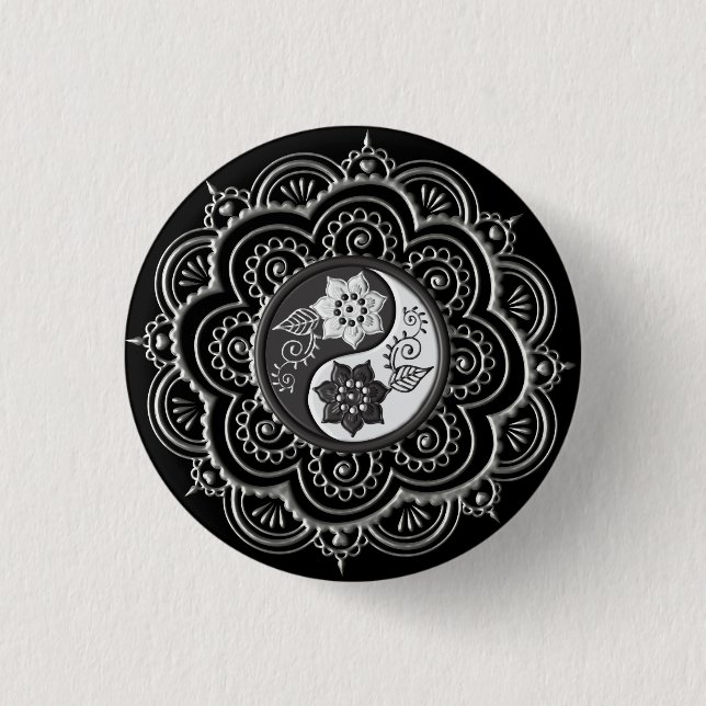 Silber- und schwarzes Mandala Button (Vorderseite)