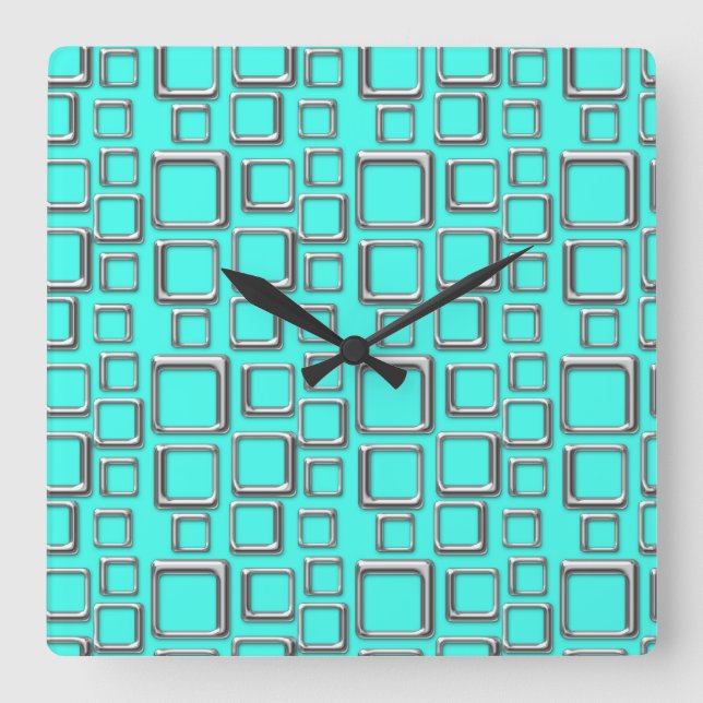 Silber-und Türkis-Retro Muster-Quadrat-Uhr Quadratische Wanduhr (Vorderseite)