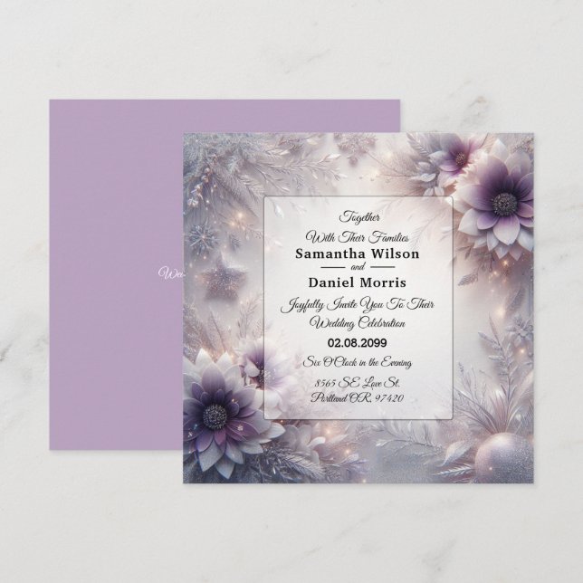 Silber und weiche Amethyst Winterblüten Hochzeit Einladung (Vorne/Hinten)