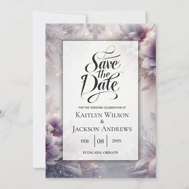 Silber und weiche Amethyst Winterblüten Save The Date (Vorderseite)