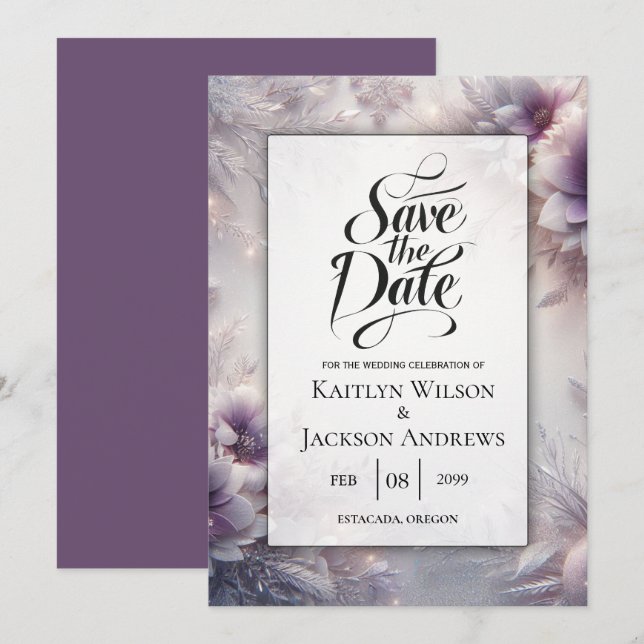 Silber und weiche Amethyst Winterblüten Save The Date (Vorne/Hinten)