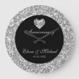 Silber und Weiß Glitzer und Herz Große Wanduhr