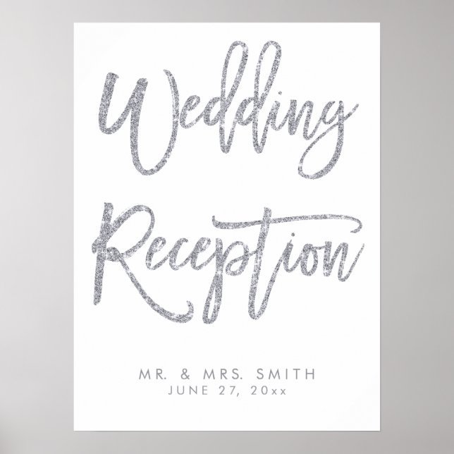 Silber und Weiß Hochzeitsempfang Beschriftung Poster (Vorne)