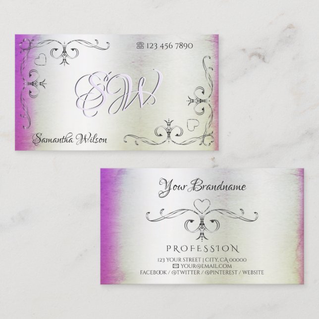 Silber Verzierte Ecken Die Lila rosa Schimmer Visitenkarte (Vorne/Hinten)