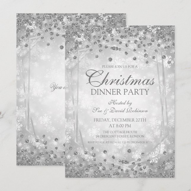 Silber Weihnachten Party Glitzer Wintergalerie Einladung (Vorne/Hinten)