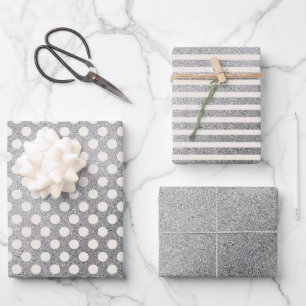 Silber Weiße Tupfen Streifen Weihnachten Geschenkpapier Set