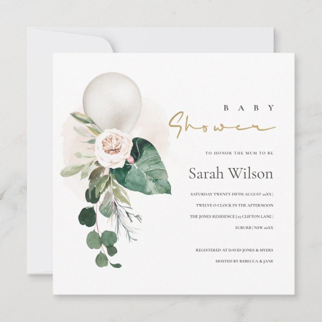 SILBER WHITE BALLOON FLORAL BABY SHOWITE EINLADEN DANKESKARTE (Vorderseite)