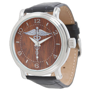 Silber wie Caduceus Medical Symbol Mahogany Dial Armbanduhr