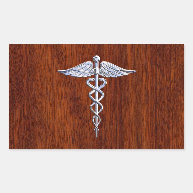 Silber wie Caduceus Medical Symbol Mahogany Print Rechteckiger Aufkleber (Vorderseite)