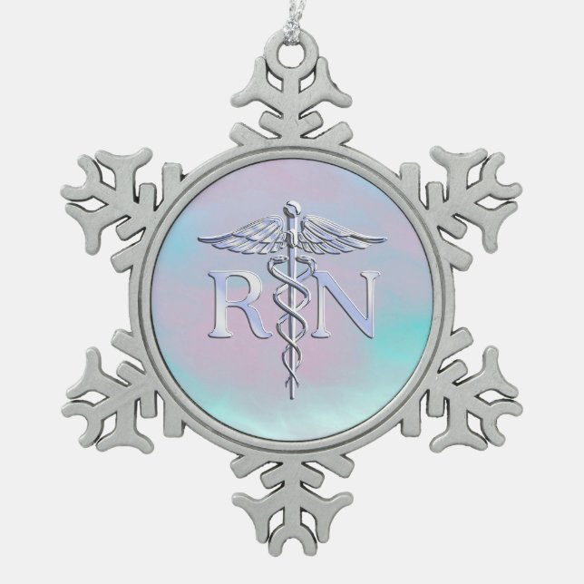 Silber wie RN Caduceus Medical Mother Pearl Schneeflocken Zinn-Ornament (Vorderseite)