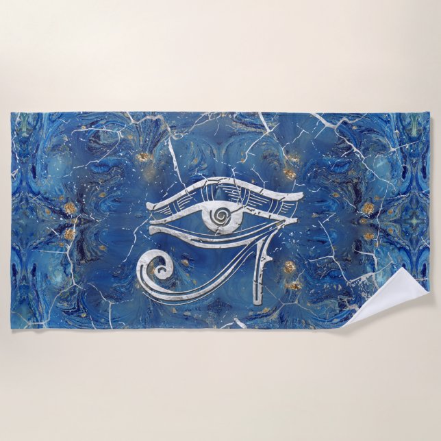 Silberägyptisches Auge des Horus auf blauem Marmor Strandtuch (Vorderseite)