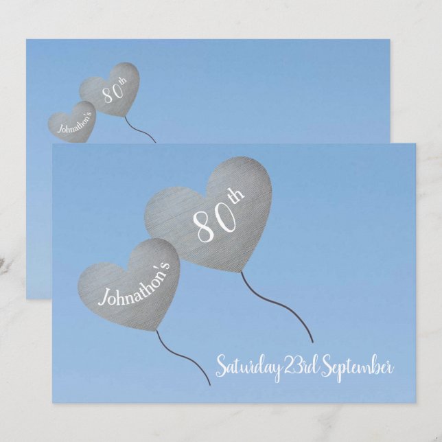 Silberballons in einem blauen Himmel 80. Geburtsta Einladung (Vorne/Hinten)