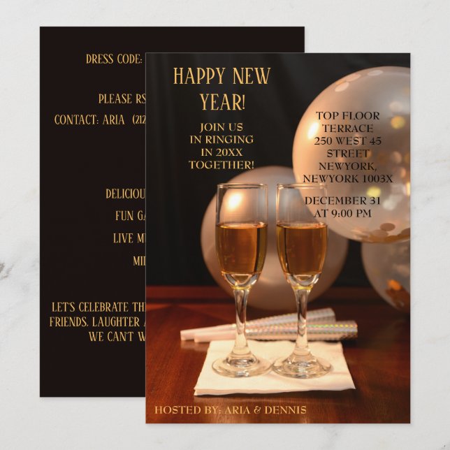 Silberballons Neujahr Champagnerflöten Einladung (Vorne/Hinten)