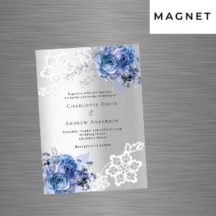 Silberblaue Blumen laden zu einer luxuriösen Hochz Magneteinladung