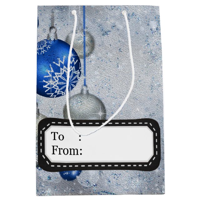 Silberblaue Ornamente Mittlere Geschenktüte (Vorderseite)